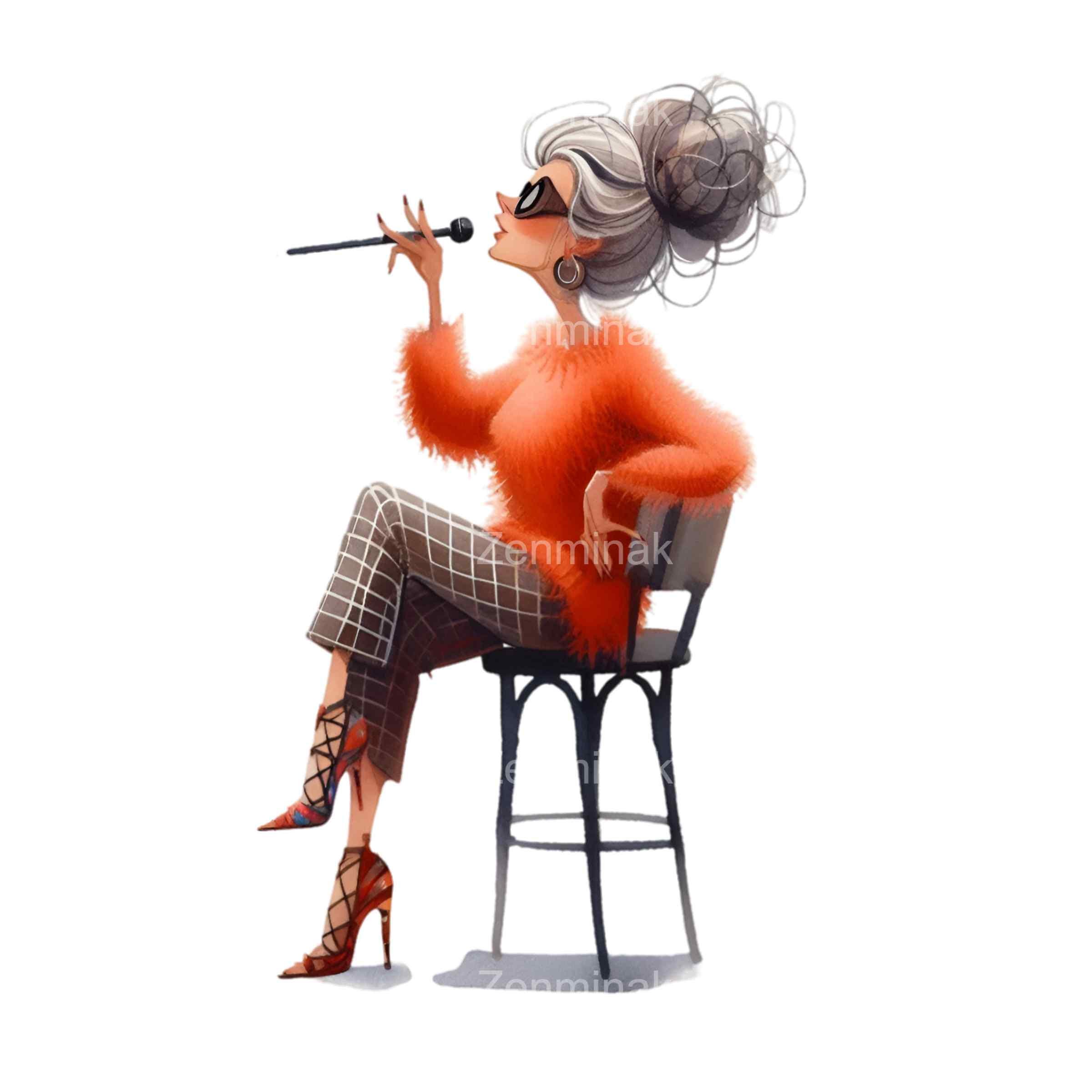 17 PNG Singing Lady Clipart – Funny Senior Singer – Whimsical Character ...