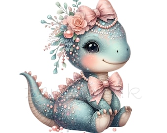 10 Baby Dino Bow Pearl Clipart Png, Glitter Floral Rose Pastel Shower
