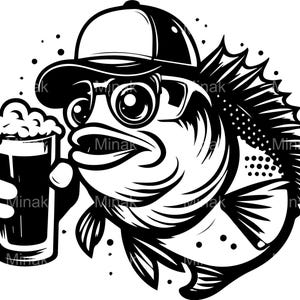May include: Black and white illustration of a fish wearing a baseball cap and glasses, holding a pint of beer. The fish has large eyes and a detailed fin design. The image is a cartoon style.