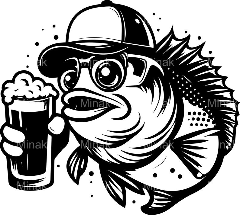 May include: Black and white illustration of a fish wearing a baseball cap and glasses, holding a pint of beer. The fish has large eyes and a detailed fin design. The image is a cartoon style.