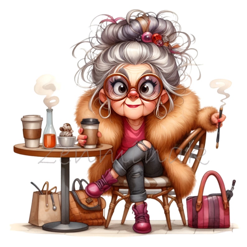 Senior Lady Drinking Coffee 14 PNG Funny Comics Fashion Grandma Cartoon ...