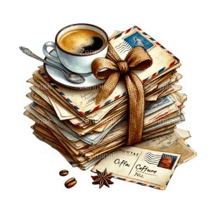 Op de afbeelding: Een stapel vintage enveloppen gebonden met een bruin lint en een strik. Een kopje koffie staat bovenop de stapel. De enveloppen hebben postzegels en handgeschreven adressen. Er liggen twee koffiebonen en een steranijs op tafel.