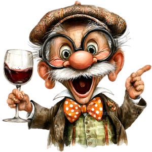 May include: A whimsical illustration of an elderly man with a large nose, glasses, and a white mustache, holding a glass of red wine. He wears a brown tweed cap, a polka-dot bow tie, and a green plaid vest, pointing with his other hand.