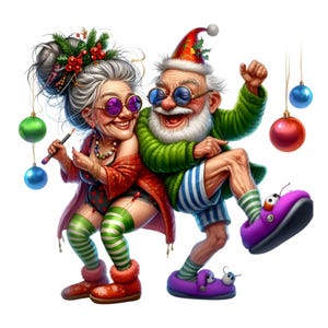 Kerstfeest grappig bejaarde echtpaar, png PNGEgg | 12 grappige vakantie senioren illustratie | Feestelijke digitale kunstdownload