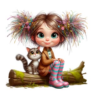 14 Girl with Cat PNG, Cute Cartoon Illustration with Flowers, Digital Art Download for Crafts