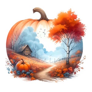 15 PNG Zucca a forma di scena autunnale PNG Clipart con cabina, alberi, sentiero e fogliame, acquerello paesaggio autunnale di campagna