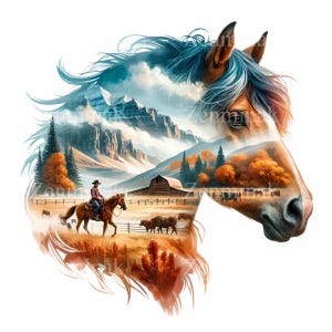 雄大な馬とカウボーイの西部風景 PNG | 15 の山の風景の馬のアート | 見事な西部牧場のイラスト