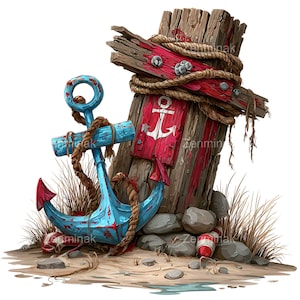 Puede incluir: Ilustración de temática náutica con un poste de madera desgastada, un letrero de ancla rojo y blanco, un ancla azul y cuerda. La escena incluye arena, rocas y hierba, evocando un tema costero. El ancla mide unos 25 cm de alto.