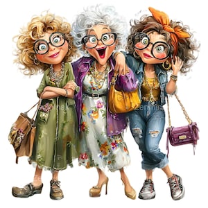 Puede incluir: Ilustración de tres mujeres elegantes con cabello rizado, que llevan gafas y bolsos. Las mujeres visten diferentes atuendos, incluyendo vestidos, vaqueros y chaquetas. La imagen tiene un estilo de dibujos animados con colores vibrantes y rasgos exagerados.
