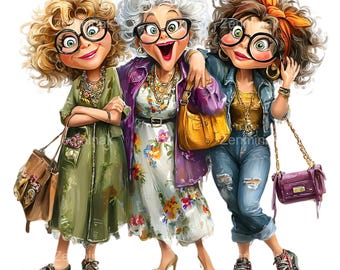 15 PNG Stylish Senior Ladies Clipart, Fashionable Friends Illustration With Glasses And Handbags