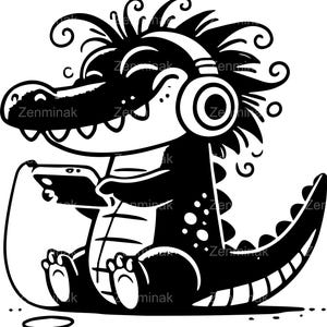 5 archivos SVG de cocodrilo escuchando música - Cocodrilo divertido con auriculares - Diseño divertido de reptil de dibujos animados