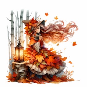 Clipart PNG fata autunnale, 12 vestito digitale con foglie autunnali, ragazza mistica con lanterna - Download PNG ad alta risoluzione