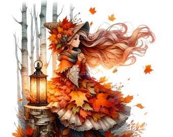 12 PNG Autumn Witch Clipart, Fall Fantasy Girl Leaf Dress