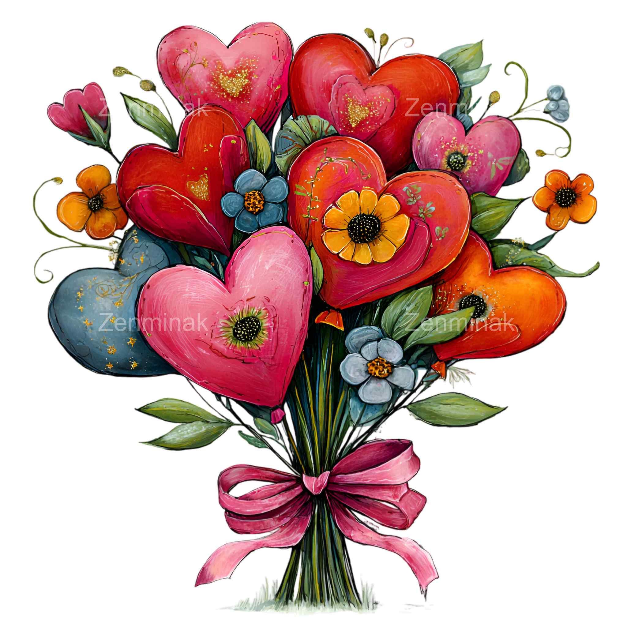 16 PNG Heart Flower Bouquet Clipart, Valentine Floral Illustration ...