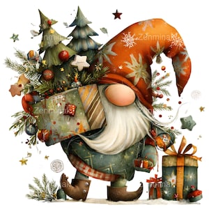 May include: A whimsical illustration of a Christmas gnome carrying gifts and a decorated Christmas tree. The gnome wears an orange hat with snowflake designs, a green patterned coat, and brown boots. Presents and ornaments surround the gnome, creating a festive holiday scene.
