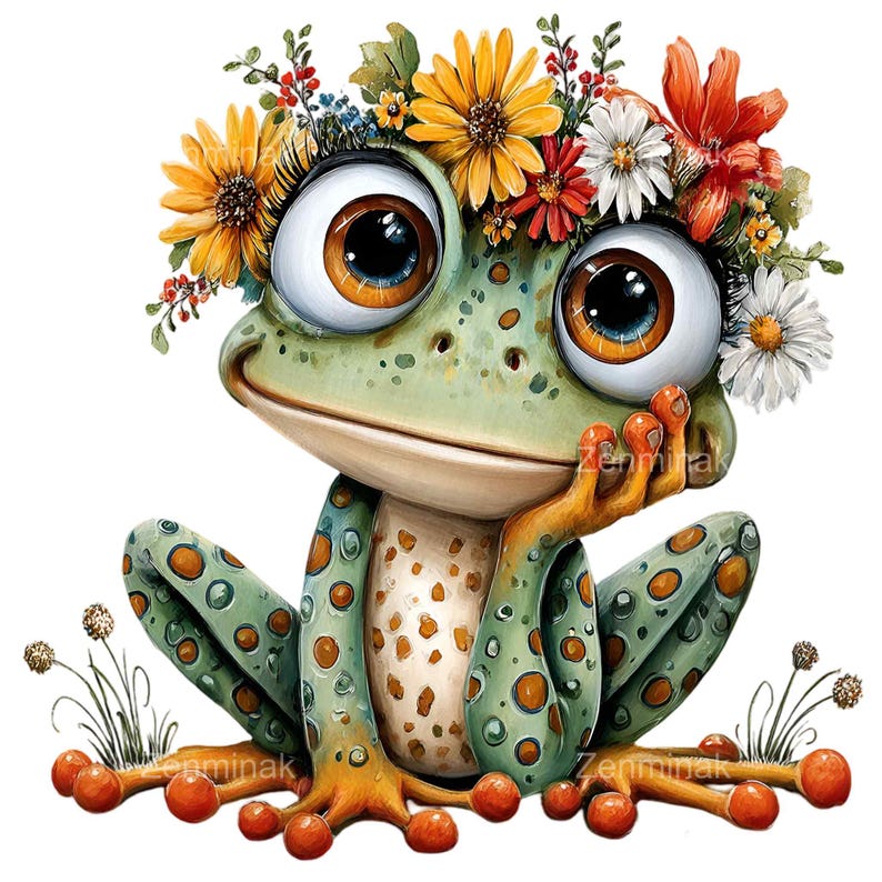 May include: A whimsical illustration of a frog with large, expressive eyes and a floral crown. The frog is light green with orange spots and is resting its chin on its hand. The flowers in the crown are yellow, red, and white.