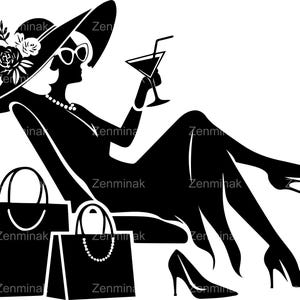 6 SVG エレガントなショッピング レディ SVG、カクテル クリップアートを持つ魅力的な女性、リラックスできるデジタル アート、シックなベクター デザイン
