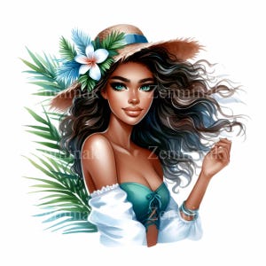 12 Clipart PNG di ragazza tropicale, bellezza dell'isola con cappello a fiori, arte di donna in spiaggia estiva, illustrazione di brezza marina, PNG di vacanza