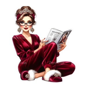 Op de afbeelding: Illustratie van een vrouw in een bordeaux fluwelen pyjamaset, die een tijdschrift leest. Ze draagt een bril, een met juwelen bezette haarband, oorbellen en pantoffels. Het tijdschrift is open op een pagina met het woord "VESHONZS".