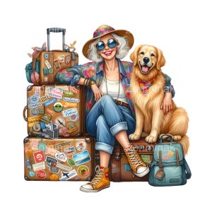 24 imágenes prediseñadas de una mujer viajera con un perro: abuela divertida, golden retriever, equipaje con pegatinas, mochila, escena de aventura de vacaciones