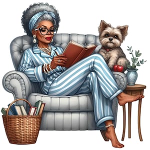 Clipart della nonna che legge, 12 eleganti signore in pigiama a righe con cane e libri, arte digitale PNG