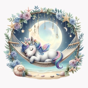 10 cliparts PNG licorne endormie - Licorne PNG au clair de lune dans un hamac avec fleurs et étoiles - Art fantastique magique pour décoration de chambre d'enfant