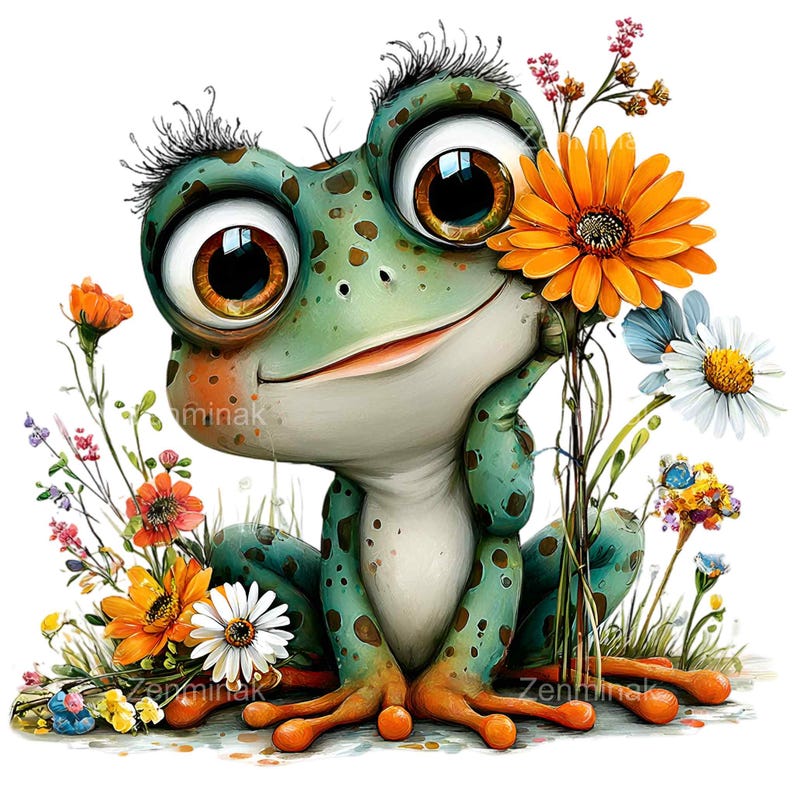 May include: A whimsical illustration of a cartoon frog with large, expressive eyes and a friendly smile. The frog is a vibrant green with brown spots and is surrounded by colorful wildflowers, including orange and white daisies. The image has the text "Zenminak".