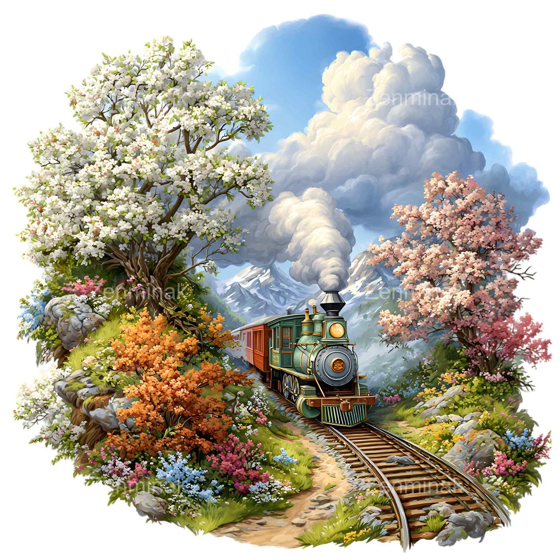 Spring Painted Train 15 PNG Steam Train Clipart , Watercolor Spring Railway Landscape ...