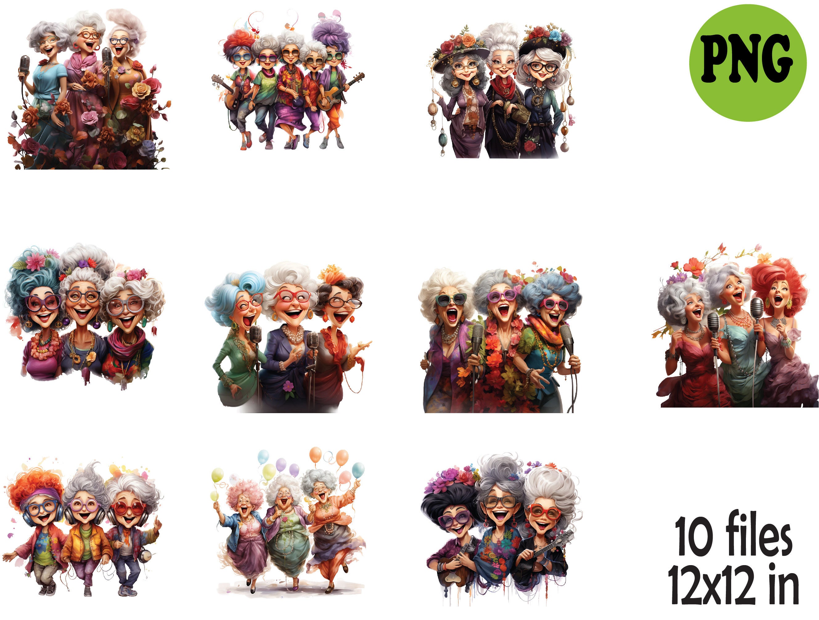 10 PNG Funny Grandma Bundle – Senior Ladies Clipart Set – Cute Singing ...