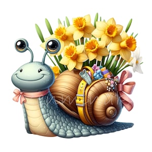 10 lindos caracoles con flores PNG Clipart, narcisos y regalos en concha, arte animal de primavera, insectos de jardín alegres, diseño de naturaleza caprichosa