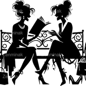 7 SVG Femmes élégantes sur un banc - Fichier coupé entre copines qui parlent - clipart ami pour cartes, albums de coupures, art mural, travaux manuels