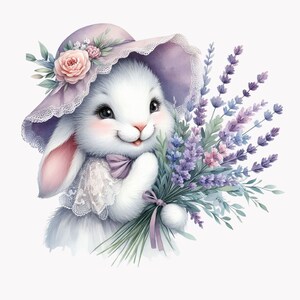 10 cliparts lapin mignon avec lavande | Lapin lunatique PNG | Téléchargement numérique animal floral