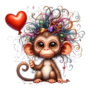 Könnte beinhalten: Ein Cartoon-Affe mit einer rosa Schleife im Haar, der einen roten herzförmigen Ballon hält. Der Affe hat braunes Fell, große braune Augen und einen langen Schwanz. Das Haar des Affen ist ein buntes Durcheinander aus Rosa, Blau, Grün und Gelb.