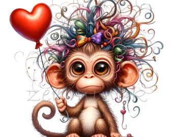15 PNG Valentine Monkey Clipart With Heart Balloon Watercolor Illustration For Cards Stickers Prints