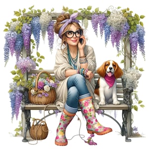 15 PNG Spring garden lady clipart – Woman with dog PNG – Floral boots bench flowers digital art for gardening and countryside decor