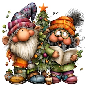 May include: A whimsical illustration of two gnomes with a Christmas tree. One gnome wears a striped hat and the other wears an orange hat and glasses, holding a songbook. The Christmas tree is decorated with ornaments and a star. The gnomes are wearing colorful outfits.