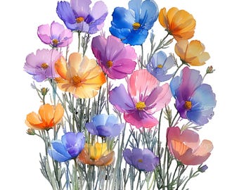 コスモスの絵 17 PNG 野生の花の水彩画クリップアート、花の草原、カラフルな