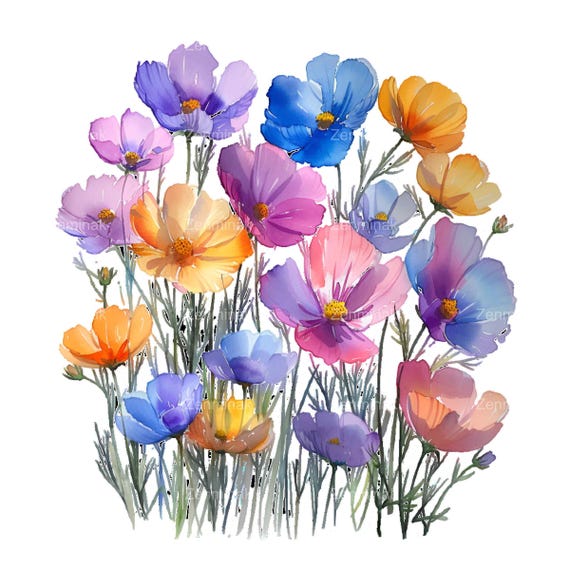 17 PNG 野生の花の水彩画クリップアート、花の草原、カラフルな