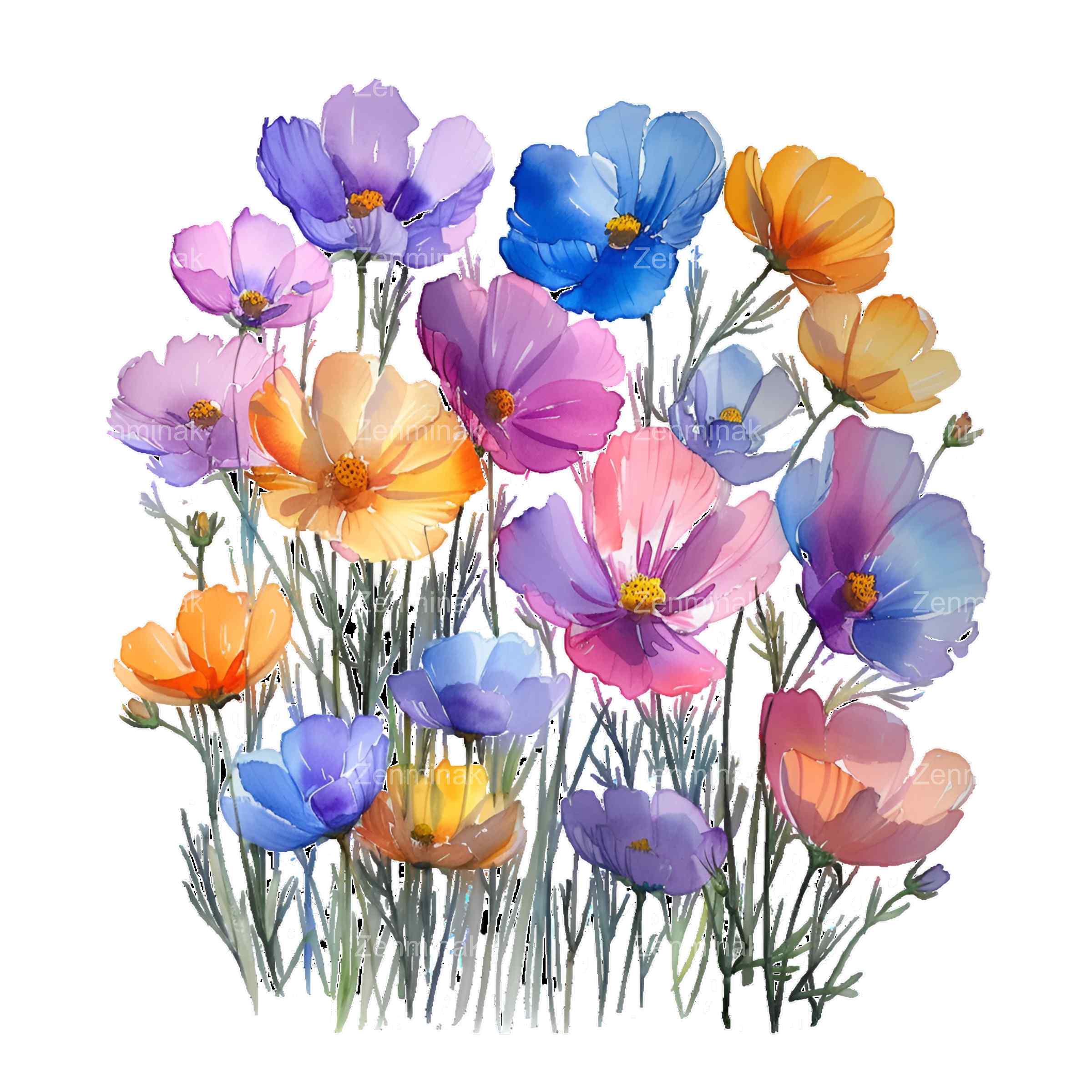 17 PNG 野生の花の水彩画クリップアート、花の草原、カラフルな