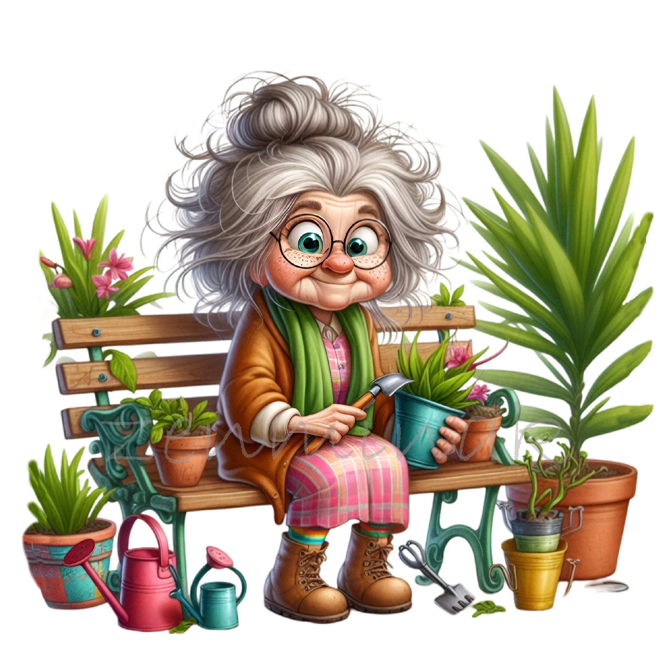 Senior Lady Funny Gardener 12 PNG Old Woman Comics Cartoon Illustration ...