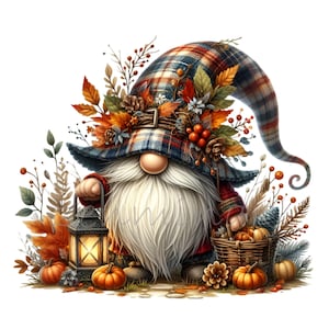Clipart di gnomi autunnali - 10 gnomi autunnali con lanterne e decorazioni per il raccolto PNG per artigianato stagionale e decorazioni per la casa