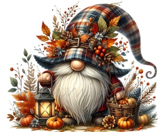 May include: A gnome wearing a plaid hat with autumn leaves and berries, holding a lantern and a basket of gourds.