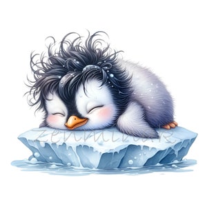 Simpatico cucciolo di pinguino che dorme sull'iceberg 12 PNG artico animale fumetto illustrazione clipart, tazza per bambini, diario spazzatura, creazione di cartoline, regalo per gli amanti