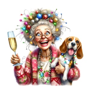 12 divertidas imágenes PNG de abuelas navideñas, señora mayor con perro y luces, brindis con champán, arte navideño con cabello loco, diseño de humor festivo