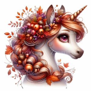 15 PNG Clipart di unicorno autunnale PNG - Corona floreale, criniera intrecciata, ghiande, bacche, foglie autunnali, illustrazione di cavallo fantasy, arte di animali magici