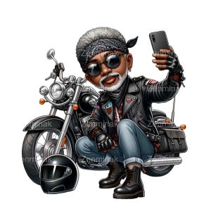 22 Biker PNG clipart with leather jacket, gray afro, sunglasses, taking selfie near motorcycle. Great for biker designs