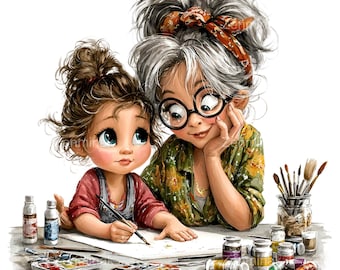 16 PNG Grandma and child painting clipart – art lesson – Sweet granddaughter and grandmother for cards, crafts