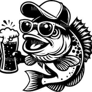 6 fichiers SVG Funny Bass Fish SVG – Poisson dessin animé cool dans un chapeau et des lunettes de soleil tenant de la bière – SVG d'humour de pêche pour des t-shirts, des tasses