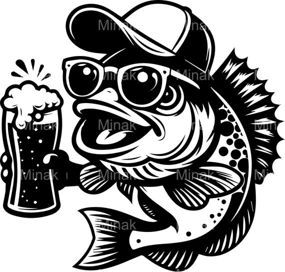 6 SVG Funny Bass Fish SVG Cut File – Cool Cartoon Fish in Hat and Sunglasses Holding Beer – Fishing Humor SVG for T-Shirts, Mugs
