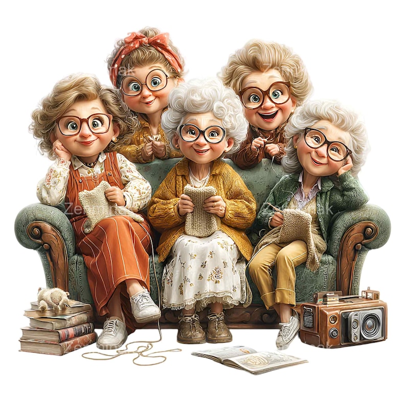 12 PNG Knitting Grandma Group Clipart – Funny Senior Ladies PNG ...